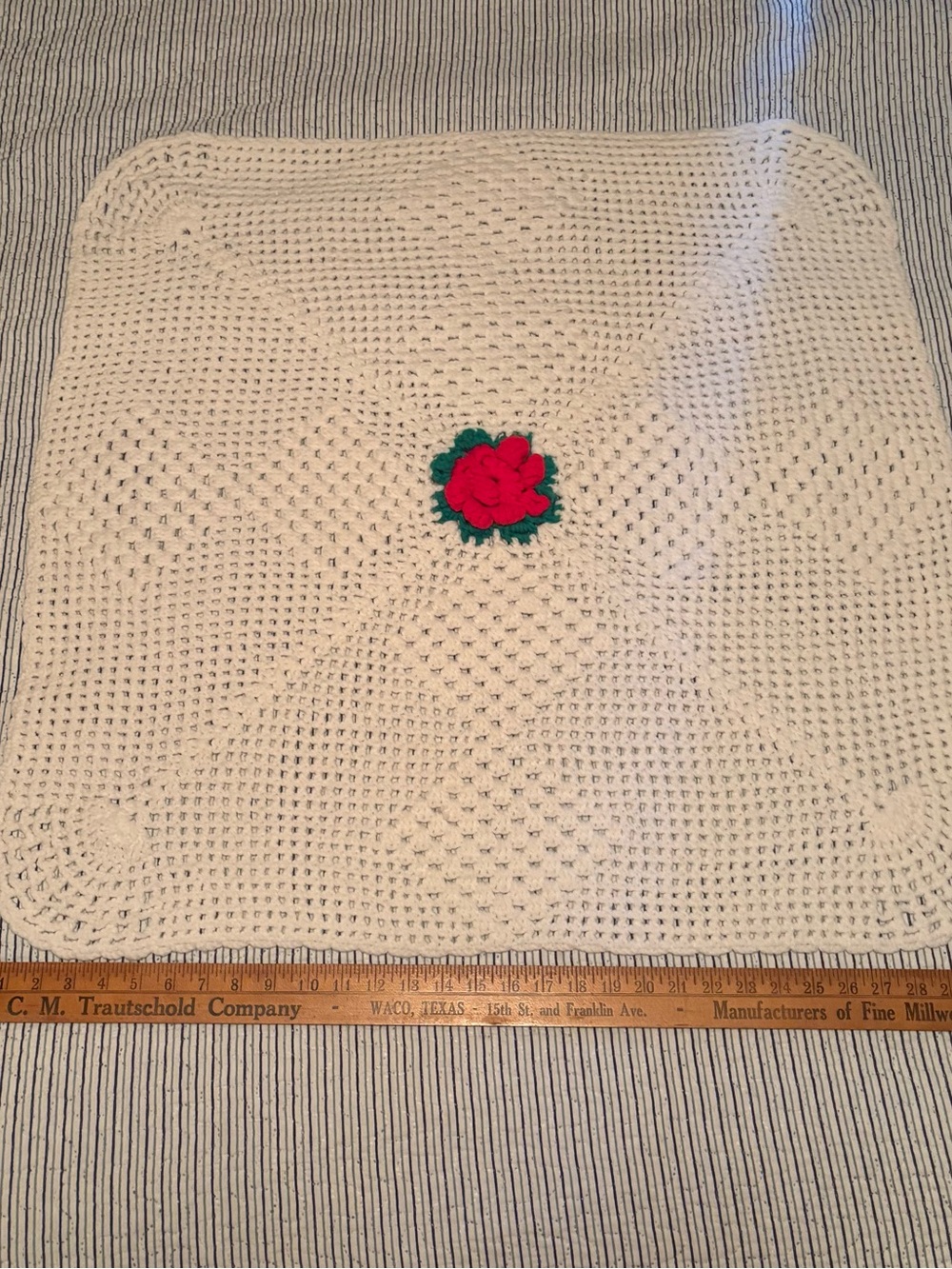 Square Cream Crochet baby afghan or table topper with Red Rose